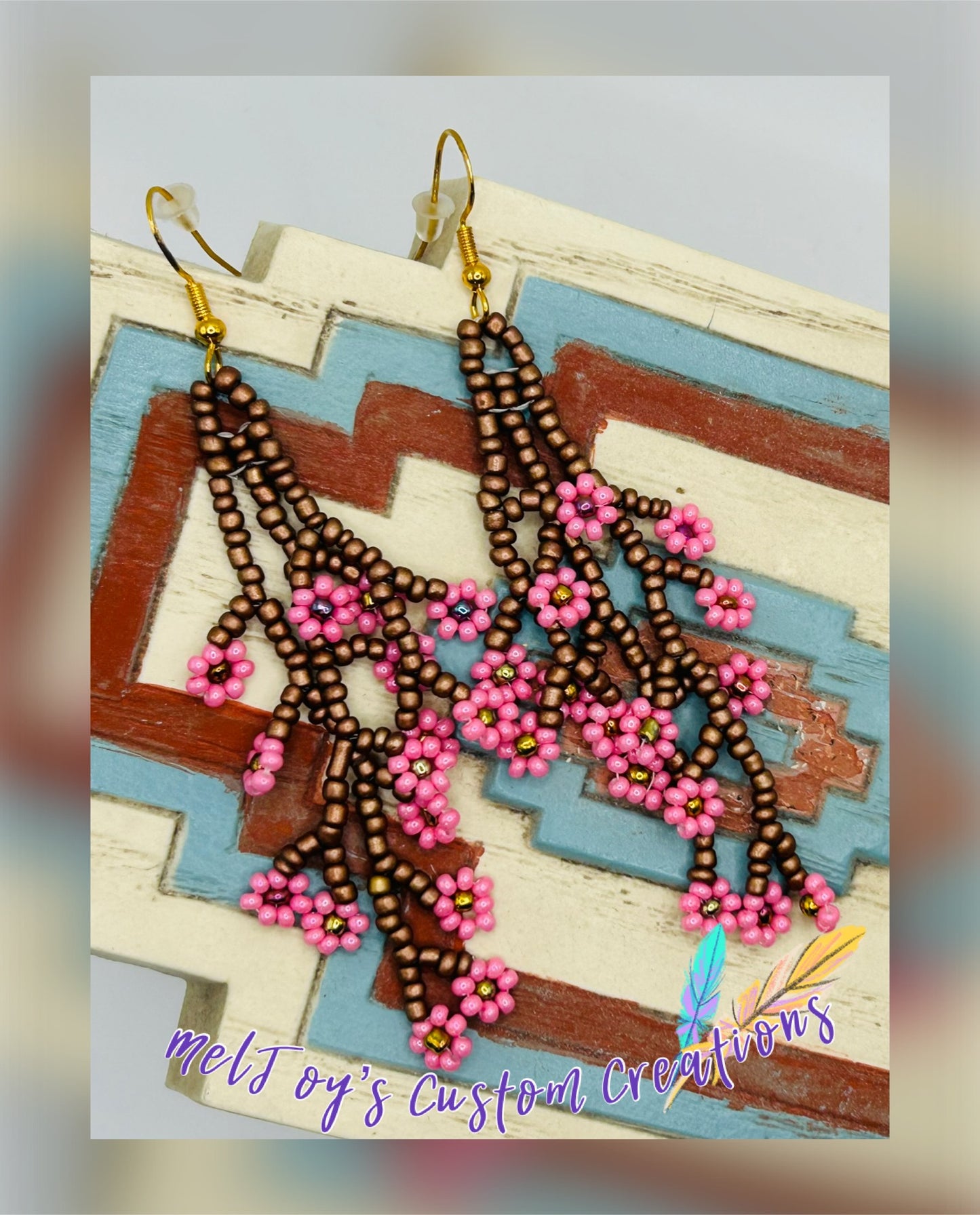 Native American Style Hand Beaded Cherry Blossom Earrings