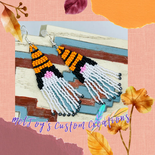 Hand Beaded Native American Style Halloween Gnome Dangle Fringe Earrings