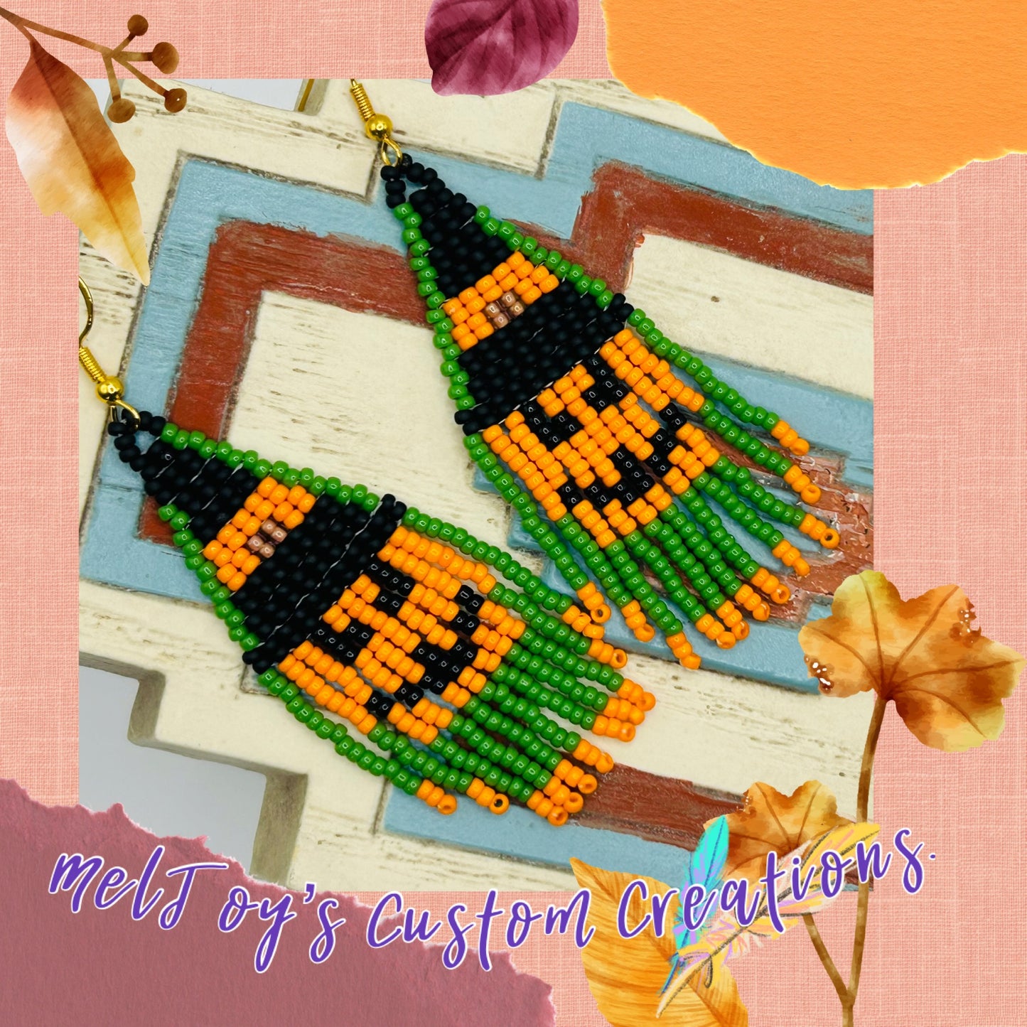 Native American Style Hand Beaded Halloween Jack O Lantern Dangle Fringe Earrings